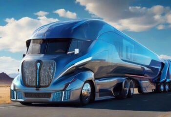 A futuristic truck cruising down the highway